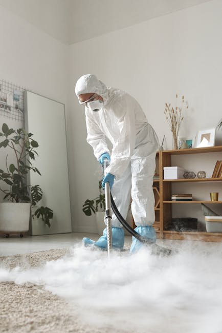 A professional cleaning specialist dressed in full protective gear, including a white suit, mask, and gloves, is performing deep cleaning using a fogging or steam disinfectant machine on a beige carpet in a modern living room. The room features a wooden shelving unit with decorative items, a large mirror, and potted plants, and is well-lit with natural light. The cleaning process appears thorough, with visible mist or vapor on the carpet, indicating sanitisation action. This image exemplifies surface cleaning and hygiene maintenance typical of services provided by Carpet Cleaning Ilford, as featured on the page titled 'Carpet cleaning Ilford Broadway flats and maisonettes' on the company's website.